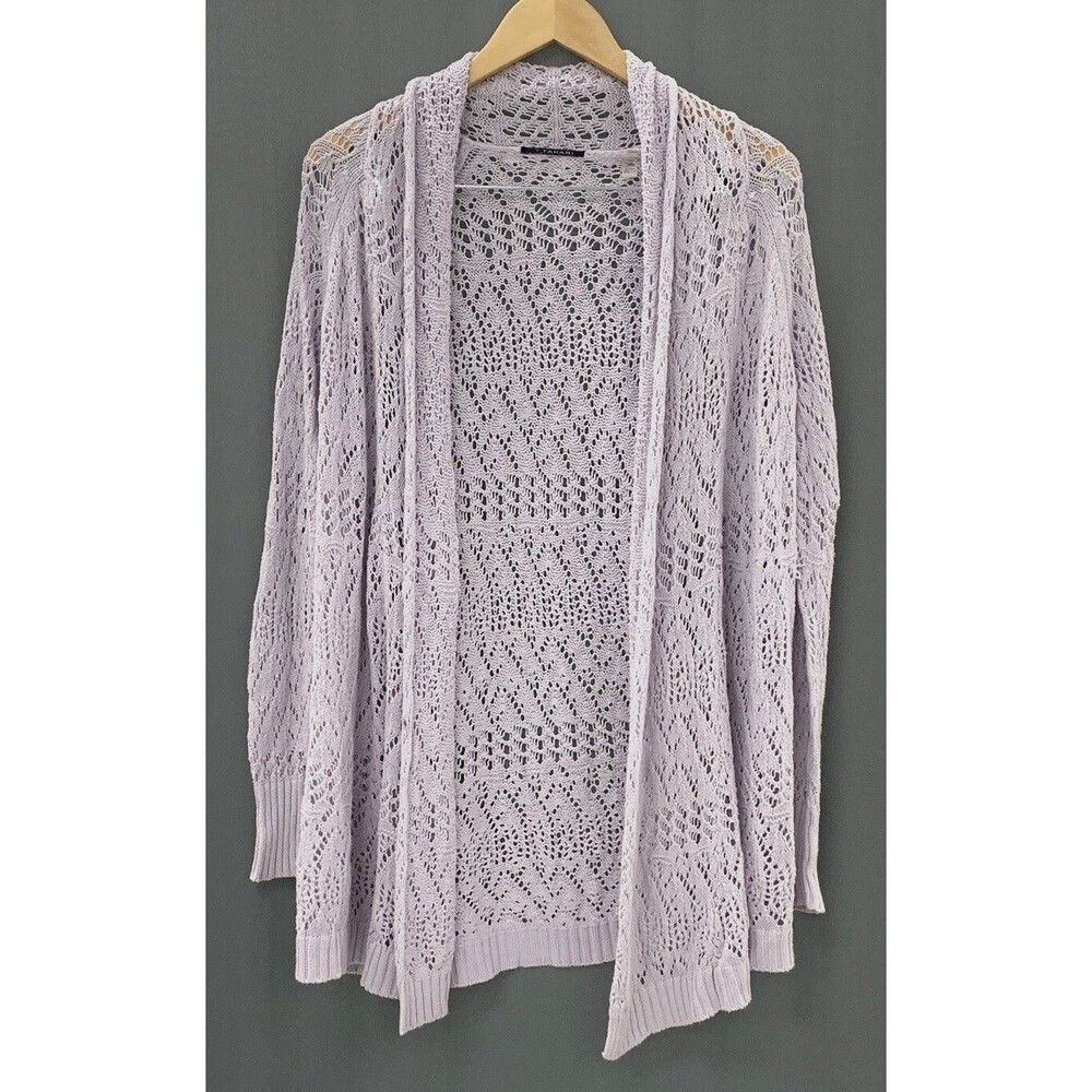 Tahari Pointelle Crochet Draped Cardigan S Lavender Pastel Purple Cottage Fairy